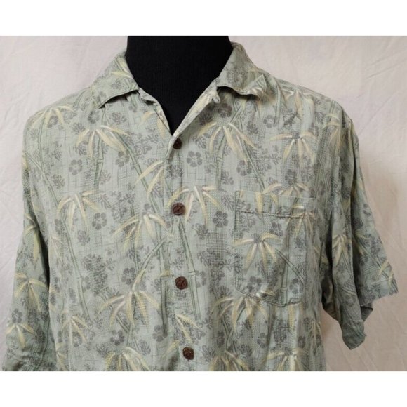 Bermuda Bay Large Green Floral Palm Trees Hawaiian Tropical Silk Button Shirt - Picture 3 of 11